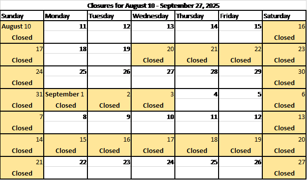 2025 Aug Sep Closures